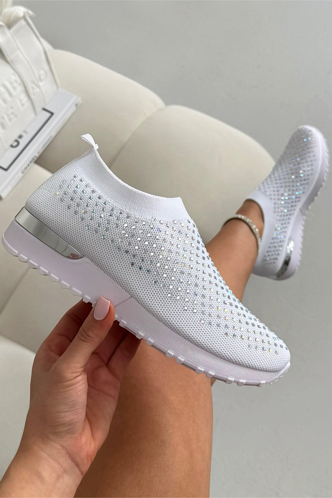 Crystal Diamond Comfort Stretch Sock Slip On Trainers White featuring stretch knit upper for a secure, flexible fit
