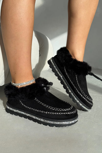 Crystal Faux Fur Lined Tazgirl Outdoor Slippers Black, showcasing stylish crystal trim and stitching accents