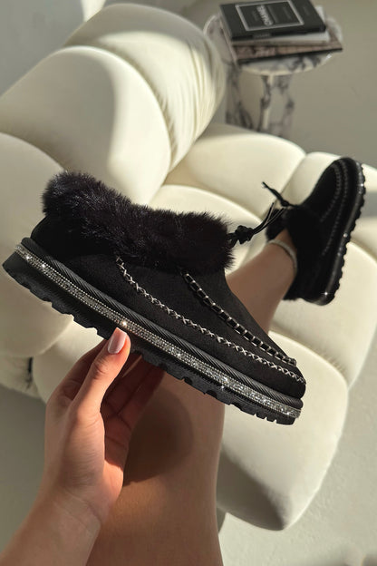Crystal Faux Fur Lined Tazgirl Outdoor Slippers Black with soft faux fur lining for ultimate warmth and comfort