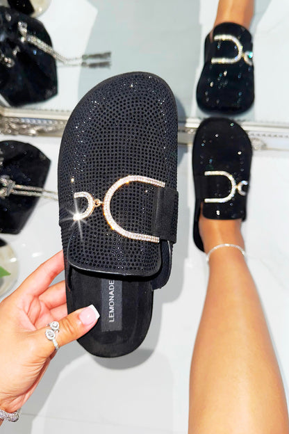 Crystal Imperial Suede Slip On Clog Mules Black, featuring soft faux suede upper with sparkling crystal finish