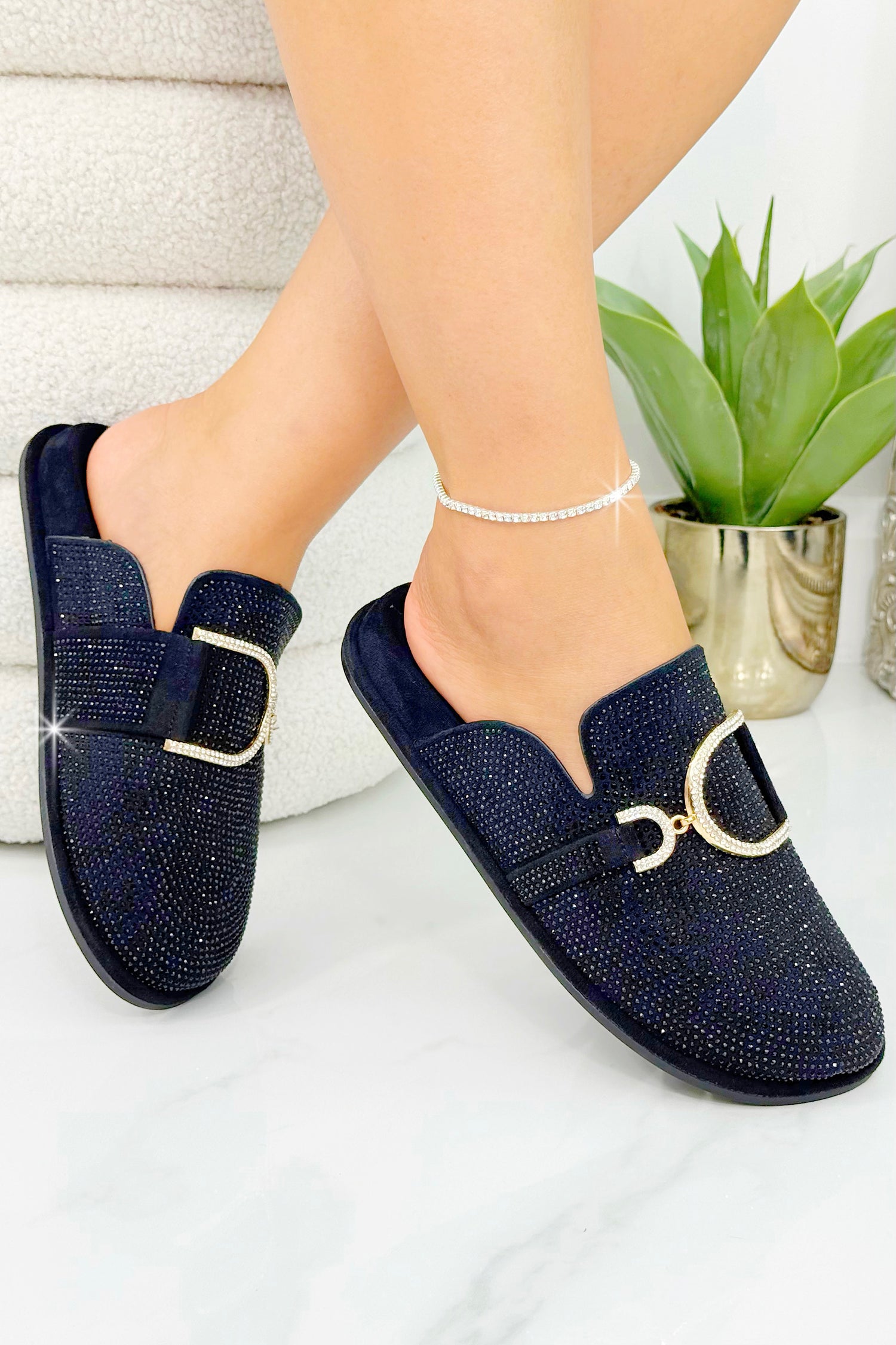 Crystal Imperial Suede Slip On Clog Mules Black