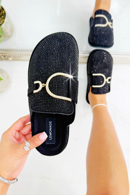 Crystal Imperial Suede Slip On Clog Mules Black