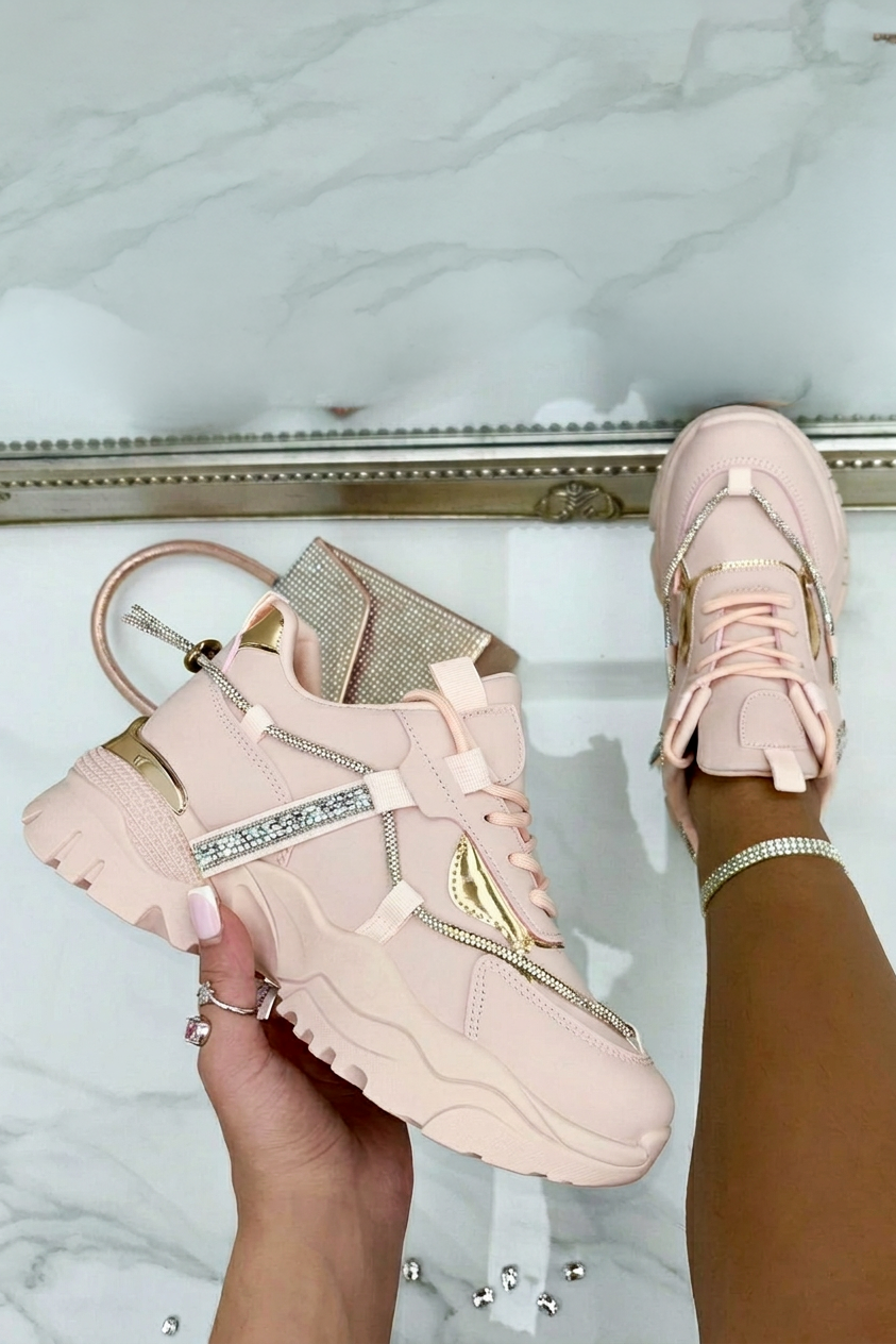 Crystal Track Luxe Chunky Trainers Baby Pink