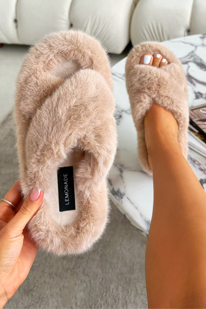 Plush Kiss Slipper Sliders Mocha finished with fluffy open-toe crossover style