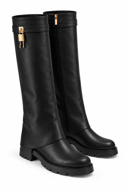 Portia Luxe Gold Padlock Leather Look Chunky Foldover Zip Up Knee High Boots Black