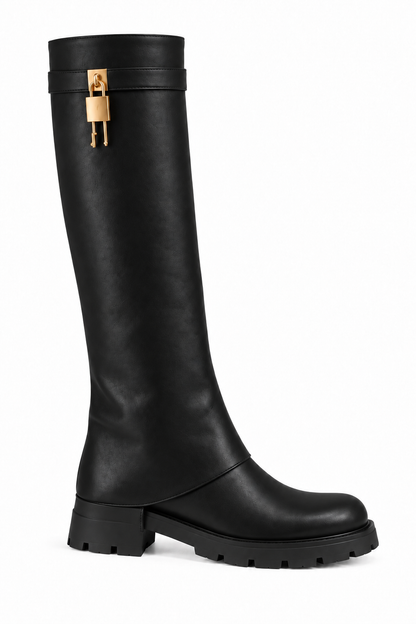 Portia Luxe Gold Padlock Leather Look Chunky Foldover Zip Up Knee High Boots Black