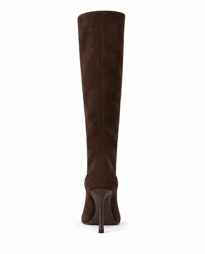 Selena Luxe Knee High Faux Suede Kitten Heel Wide Leg Boot Brown
