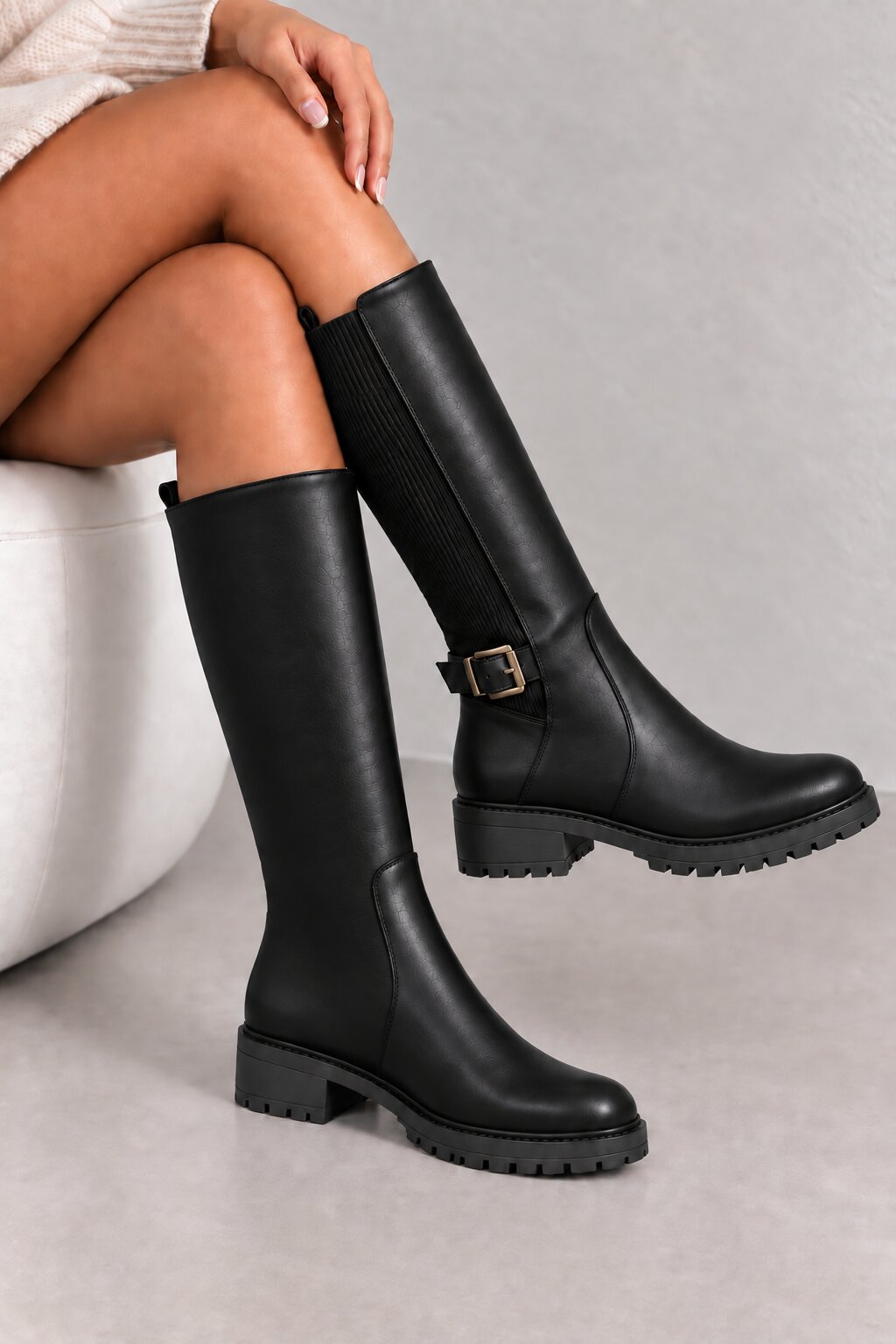 Rowan Buckle Stretch Panel Knee High Boots Black