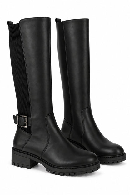 Rowan Buckle Stretch Panel Knee High Boots Black