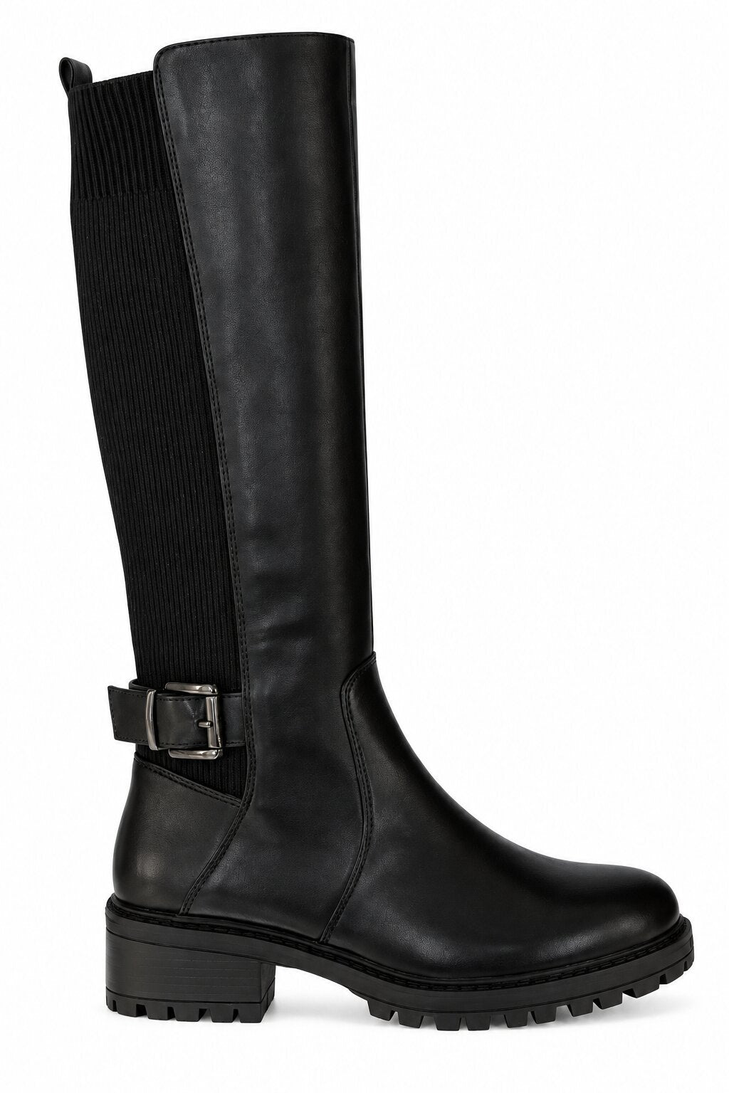 Rowan Buckle Stretch Panel Knee High Boots Black