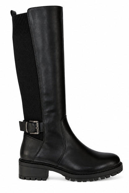 Rowan Buckle Stretch Panel Knee High Boots Black