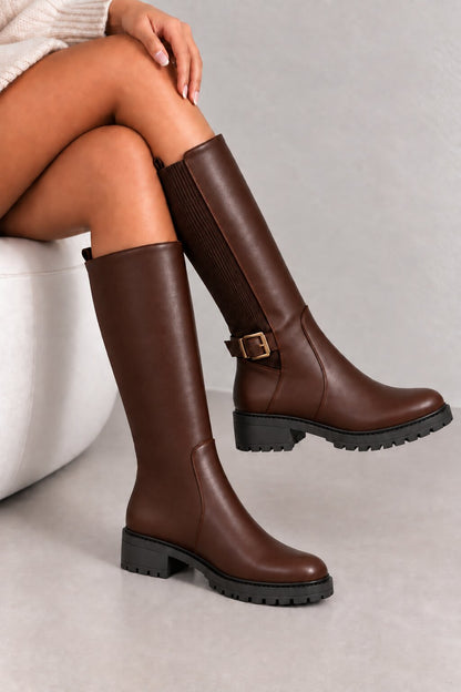 Rowan Buckle Stretch Panel Knee High Boots Brown