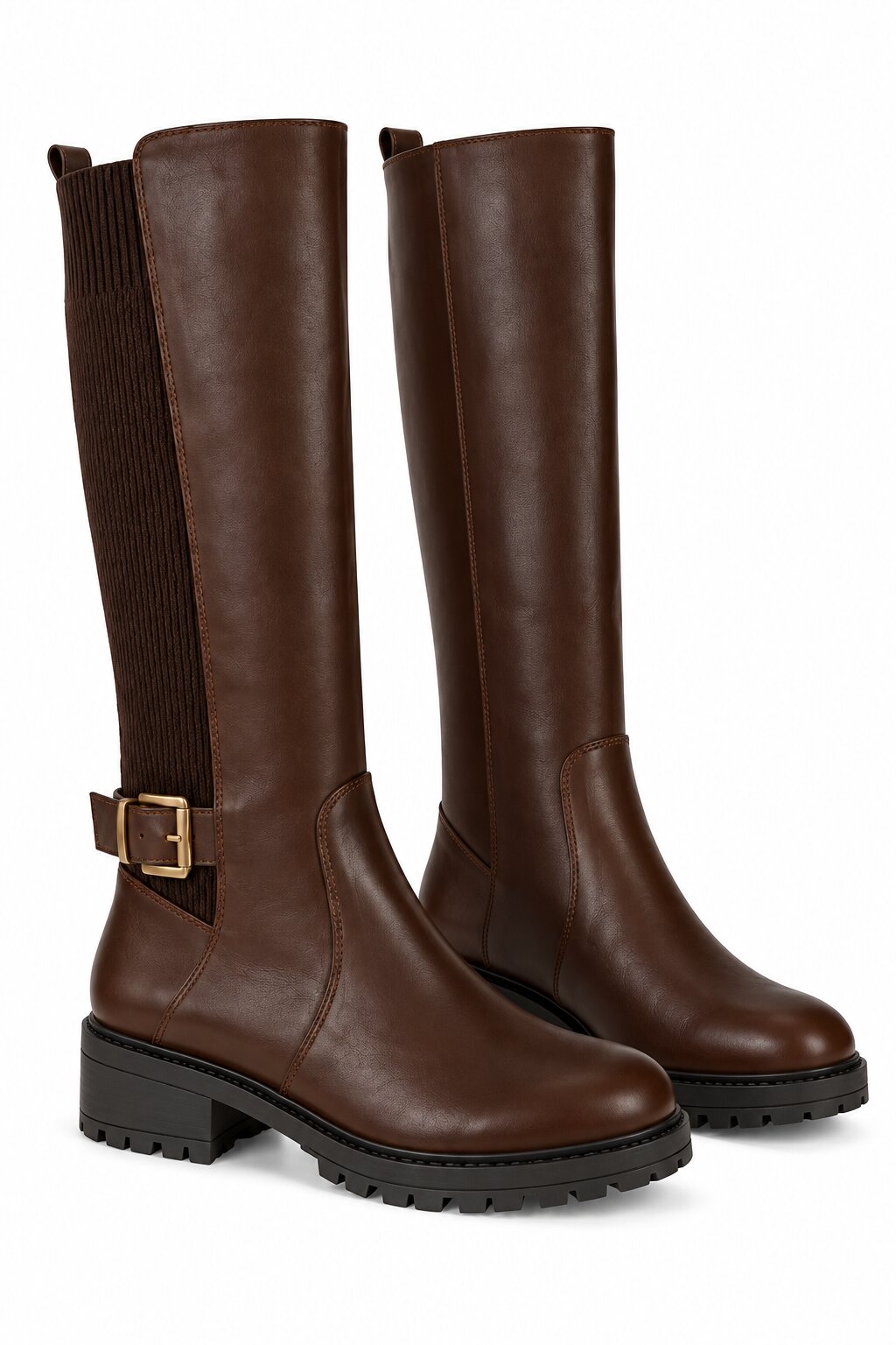 Rowan Buckle Stretch Panel Knee High Boots Brown