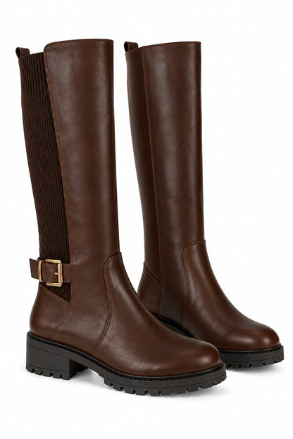 Rowan Buckle Stretch Panel Knee High Boots Brown