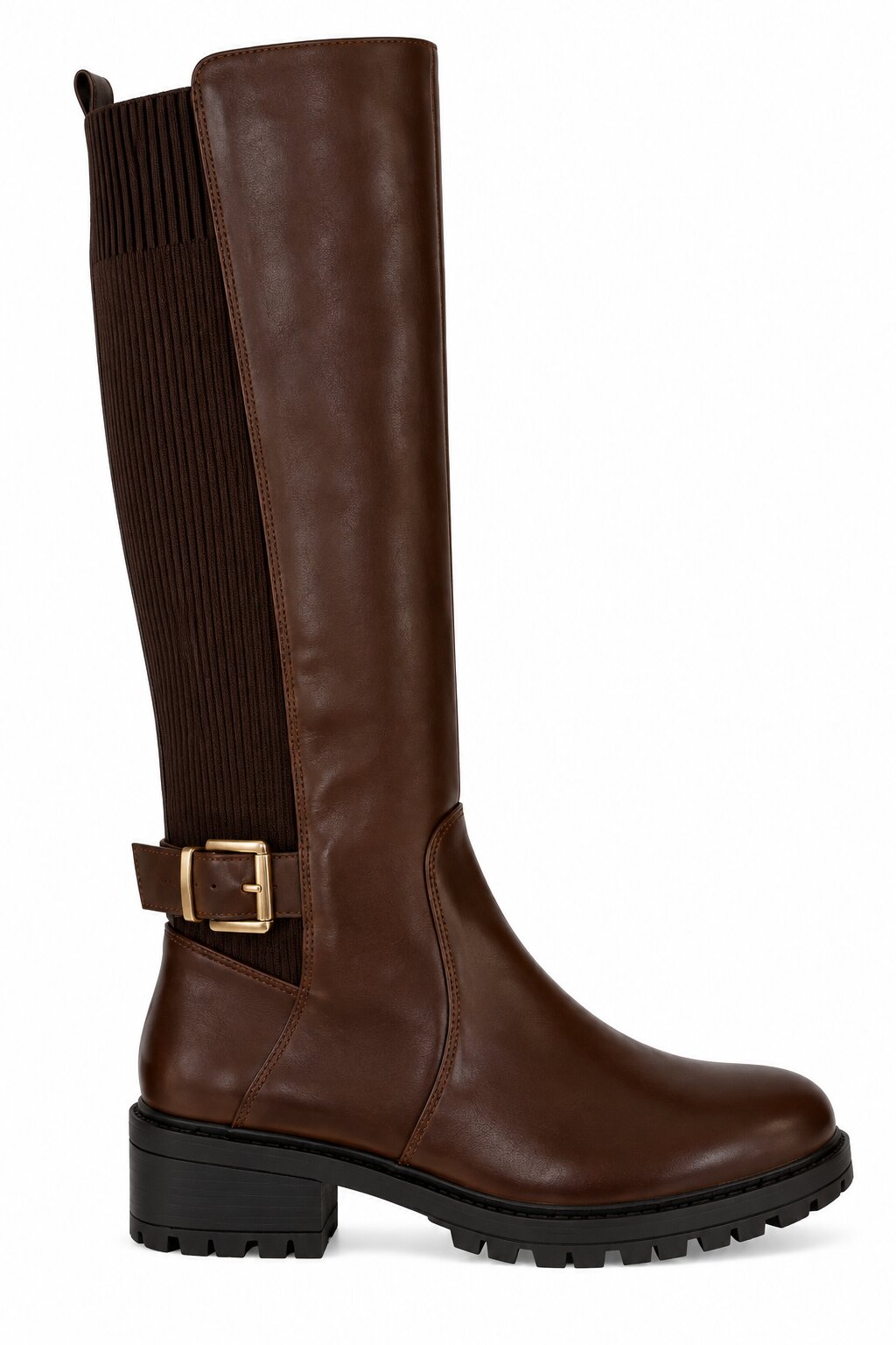 Rowan Buckle Stretch Panel Knee High Boots Brown