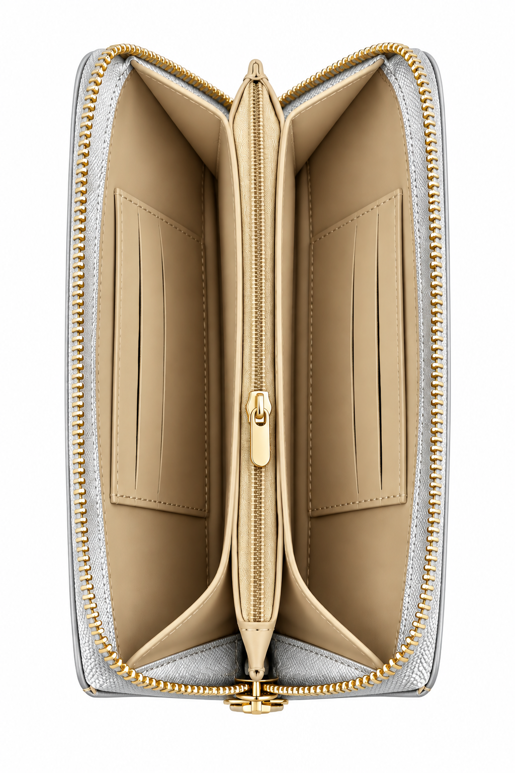 Side view of silver zip-around purse featuring gold tone zipper teeth, a matching gold zip pull and beige accordion- style interior with multiple compartments. 