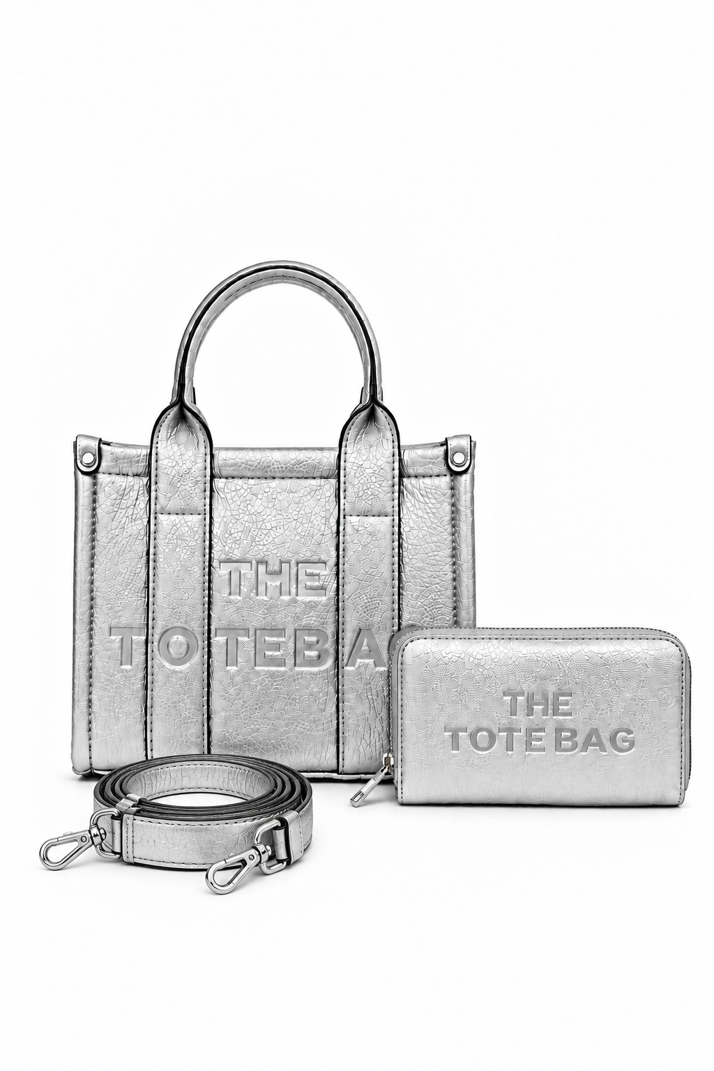 Faux Leather Mini Tote Bag Metallic Silver &amp; Faux Leather Tote Bag Purse Metallic Silver Bundle