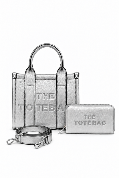 Faux Leather Mini Tote Bag Metallic Silver &amp; Faux Leather Tote Bag Purse Metallic Silver Bundle