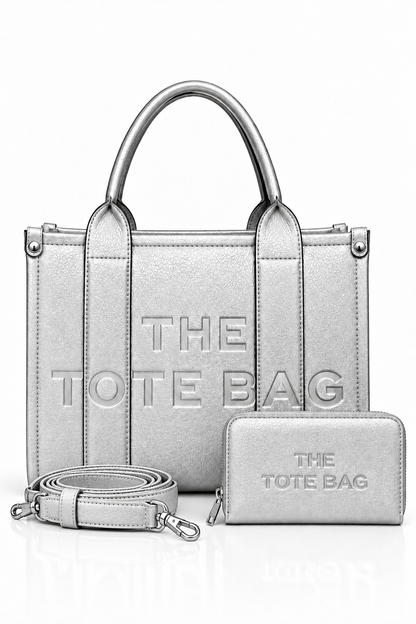 Faux Leather Medium Tote Bag Metallic Silver &amp; Faux Leather Tote Bag Purse Metallic Silver Bundle