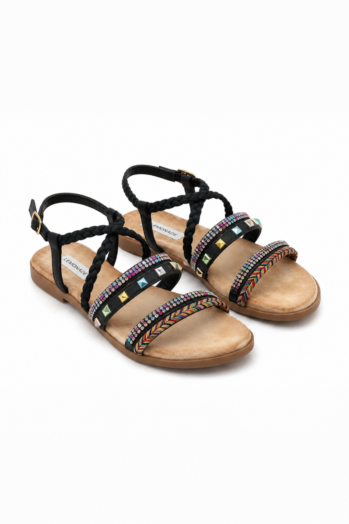Sparkly Boho Gem Braided Strap Sandals Black