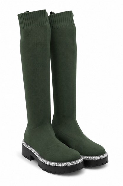 Sparkly Calf Stretch Sock Boots Khaki