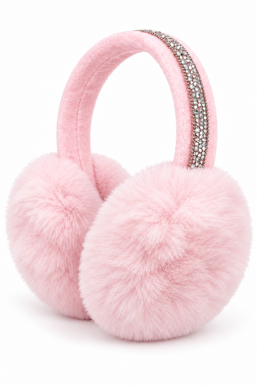 Pink faux fur earmuffs with a sparkling rhinestone-accented headband on a white background.