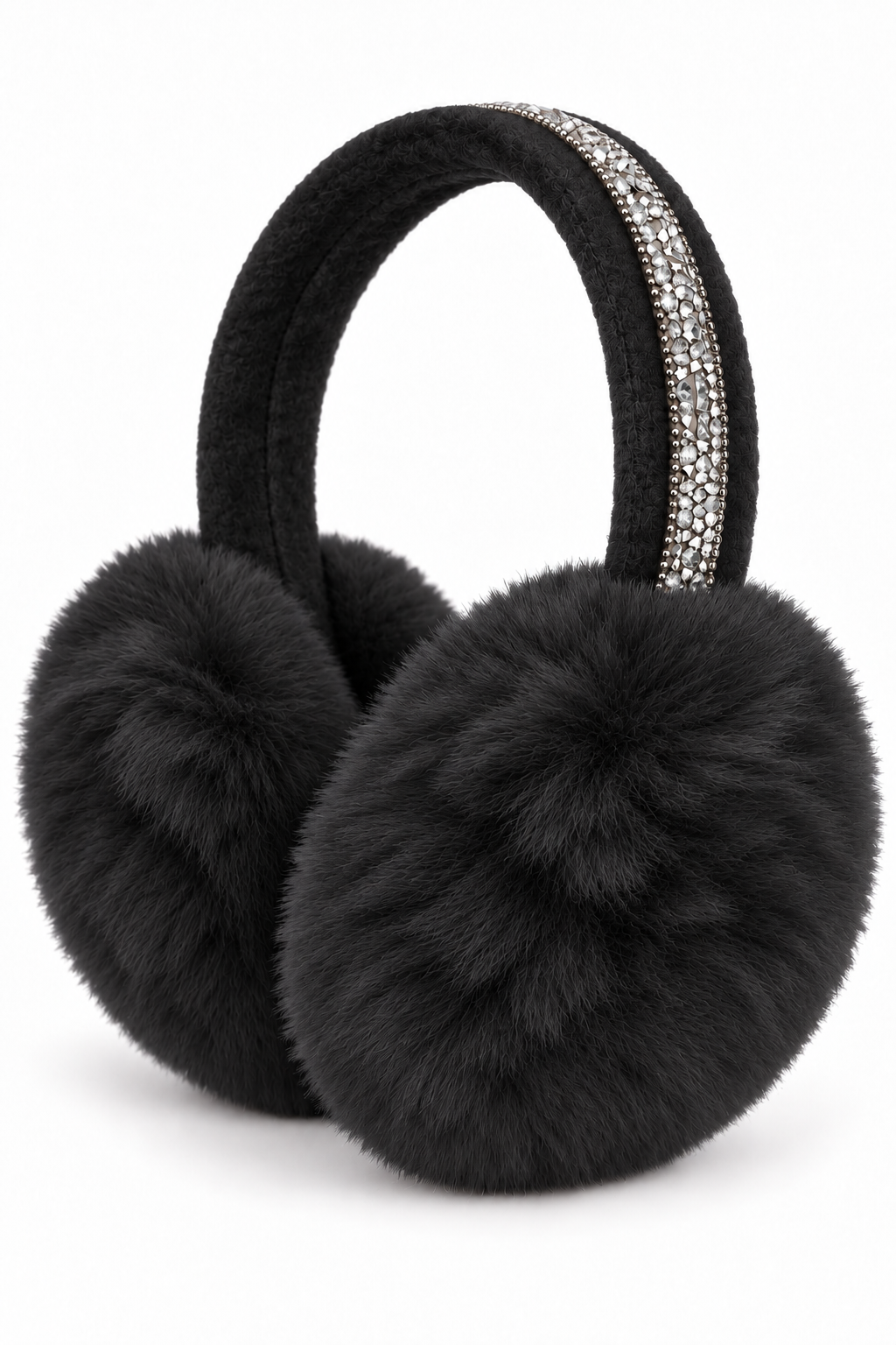 Black faux fur earmuffs with a sparkling rhinestone-embellished headband on a white background.