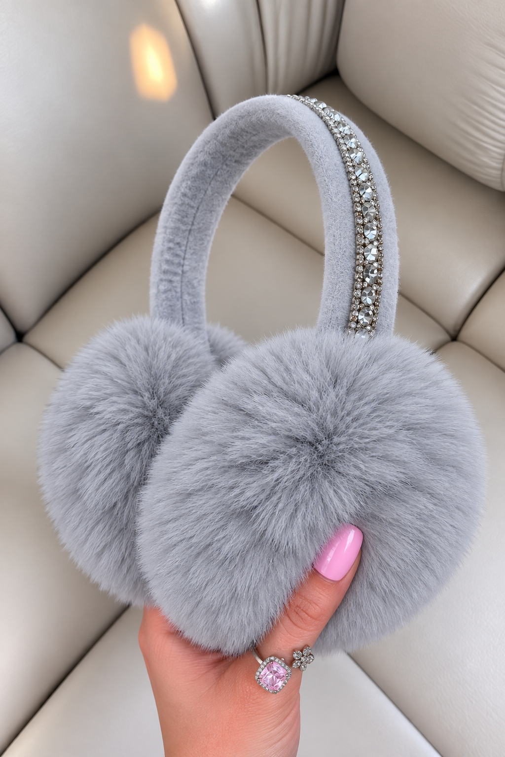 Sparkly Crystal Fluffy Faux Fur Ear Muffs Grey