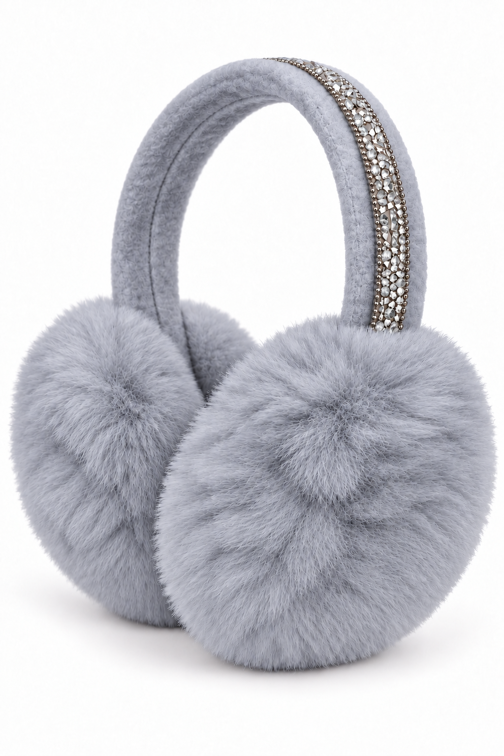 Sparkly Crystal Fluffy Faux Fur Ear Muffs Grey