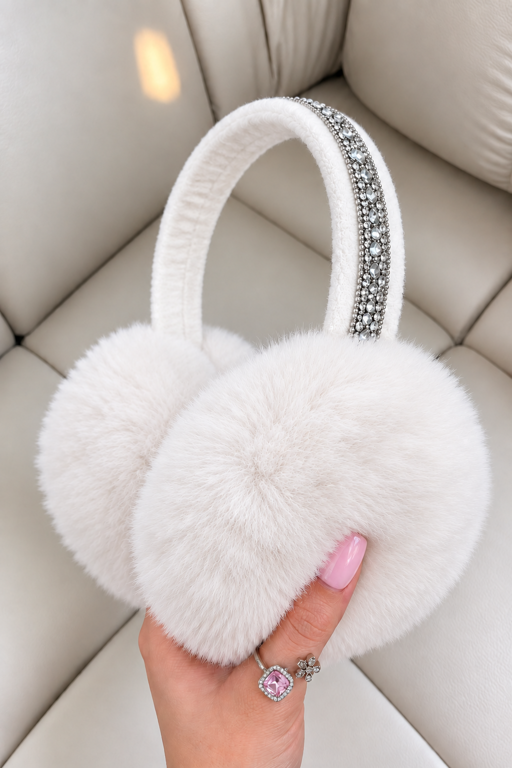 Sparkly Crystal Fluffy Faux Fur Ear Muffs White
