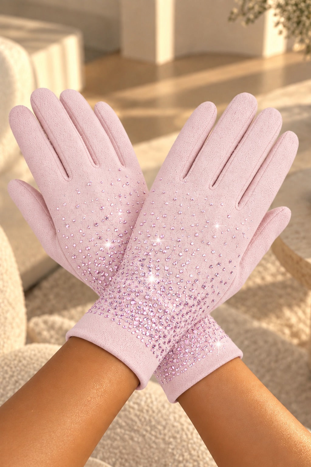 Sparkly Crystal Shine Gloves Baby Pink