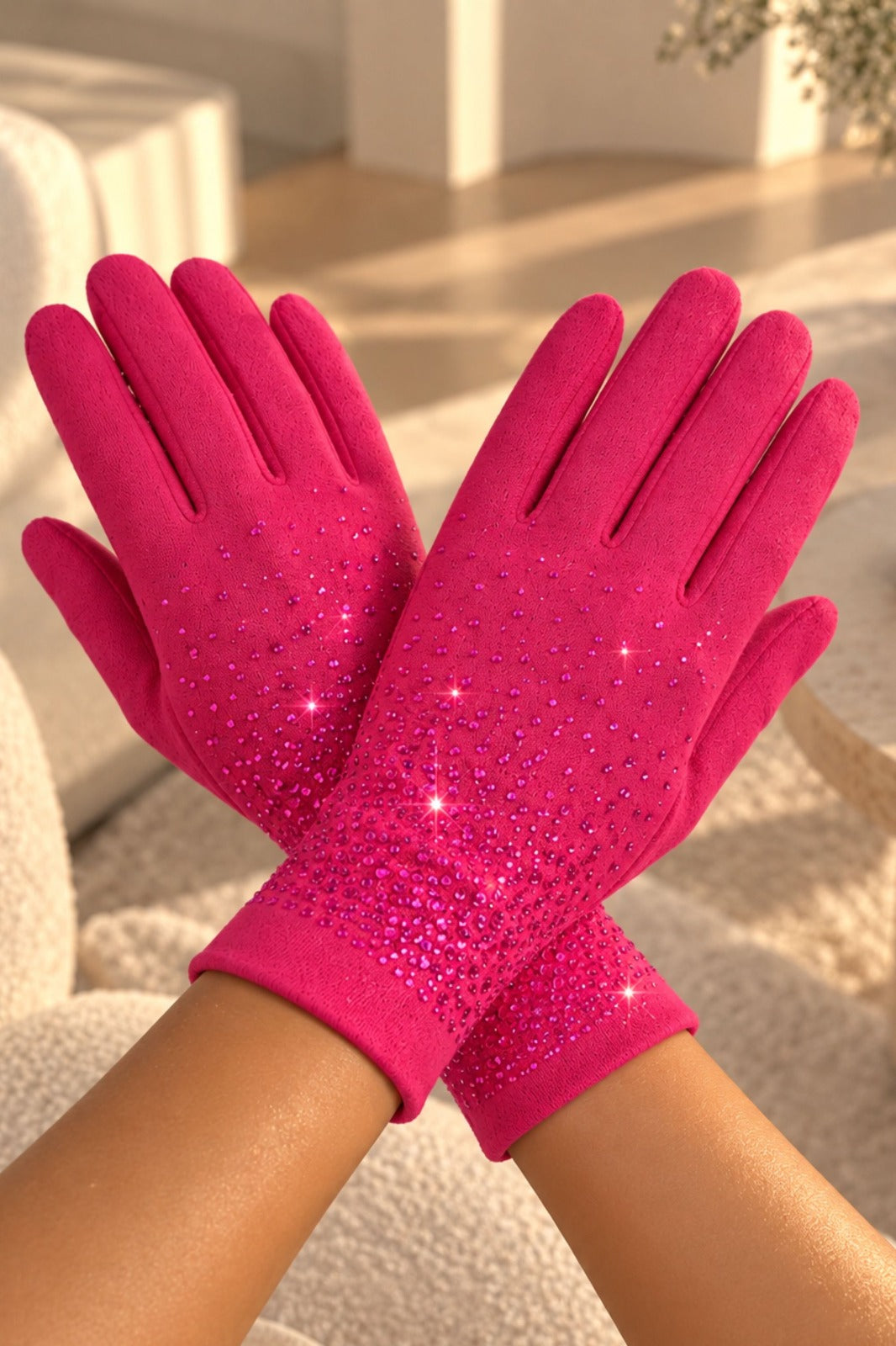 Sparkly Crystal Shine Gloves Hot Pink