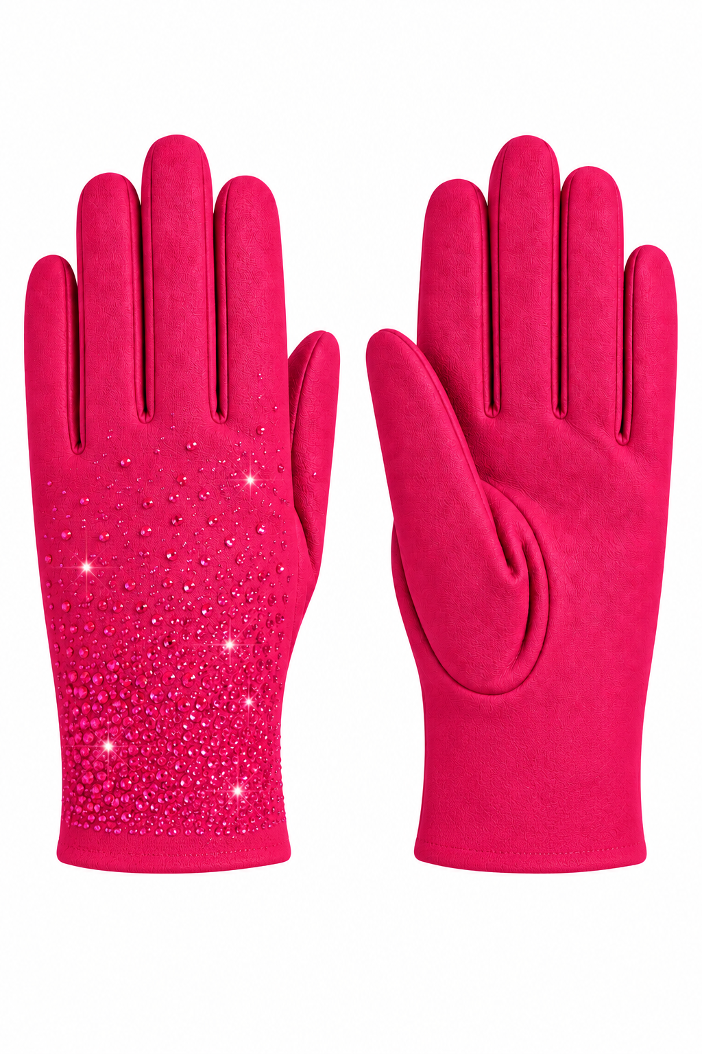 A pair of bright pink gloves, one showing the back of the hand with a textured suede-like finish and rhinestone embellishments, and the other showing the palm side, set against a plain white background.