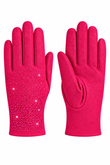 A pair of bright pink gloves, one showing the back of the hand with a textured suede-like finish and rhinestone embellishments, and the other showing the palm side, set against a plain white background.