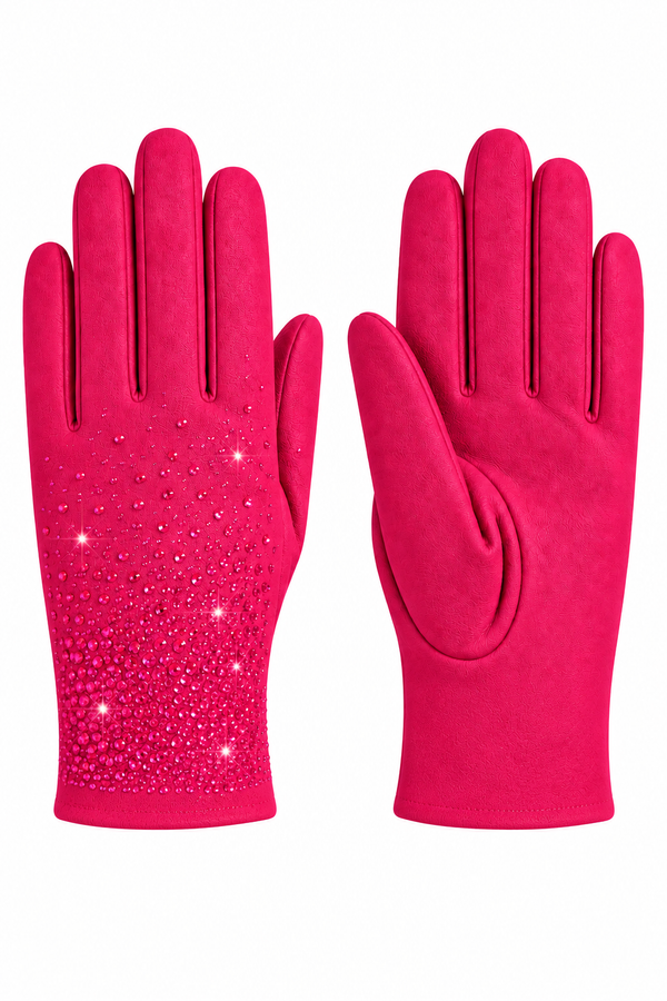 A pair of bright pink gloves, one showing the back of the hand with a textured suede-like finish and rhinestone embellishments, and the other showing the palm side, set against a plain white background.