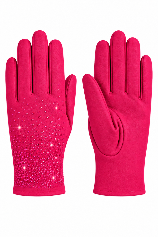 A pair of bright pink gloves, one showing the back of the hand with a textured suede-like finish and rhinestone embellishments, and the other showing the palm side, set against a plain white background.