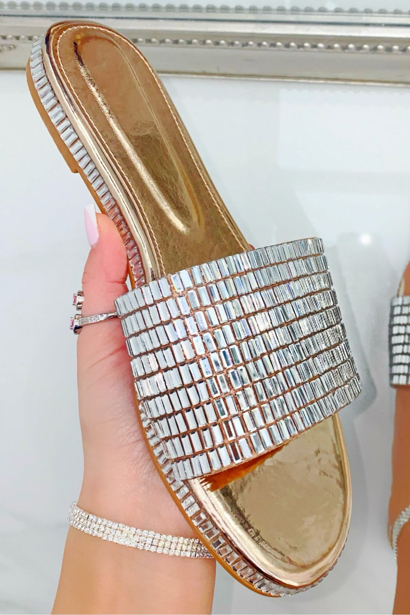 Sparkly Disco Ball Sliders Rose Gold, showcasing available in 3 different colours
