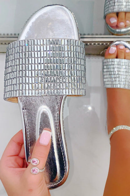 Sparkly Disco Ball Sliders Silver with crystal Embellishment