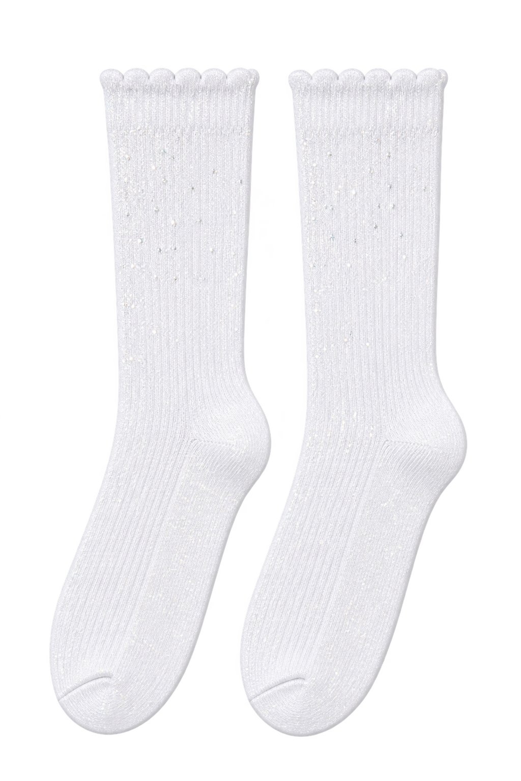 A pair of white ribbed crew socks with a delicate scalloped edge and subtle textured knit pattern, displayed against a solid white background.