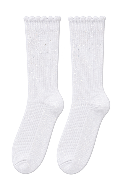 A pair of white ribbed crew socks with a delicate scalloped edge and subtle textured knit pattern, displayed against a solid white background.