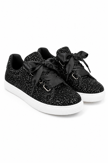 Sparkly Glitter Ribbon Lace Trainers Black