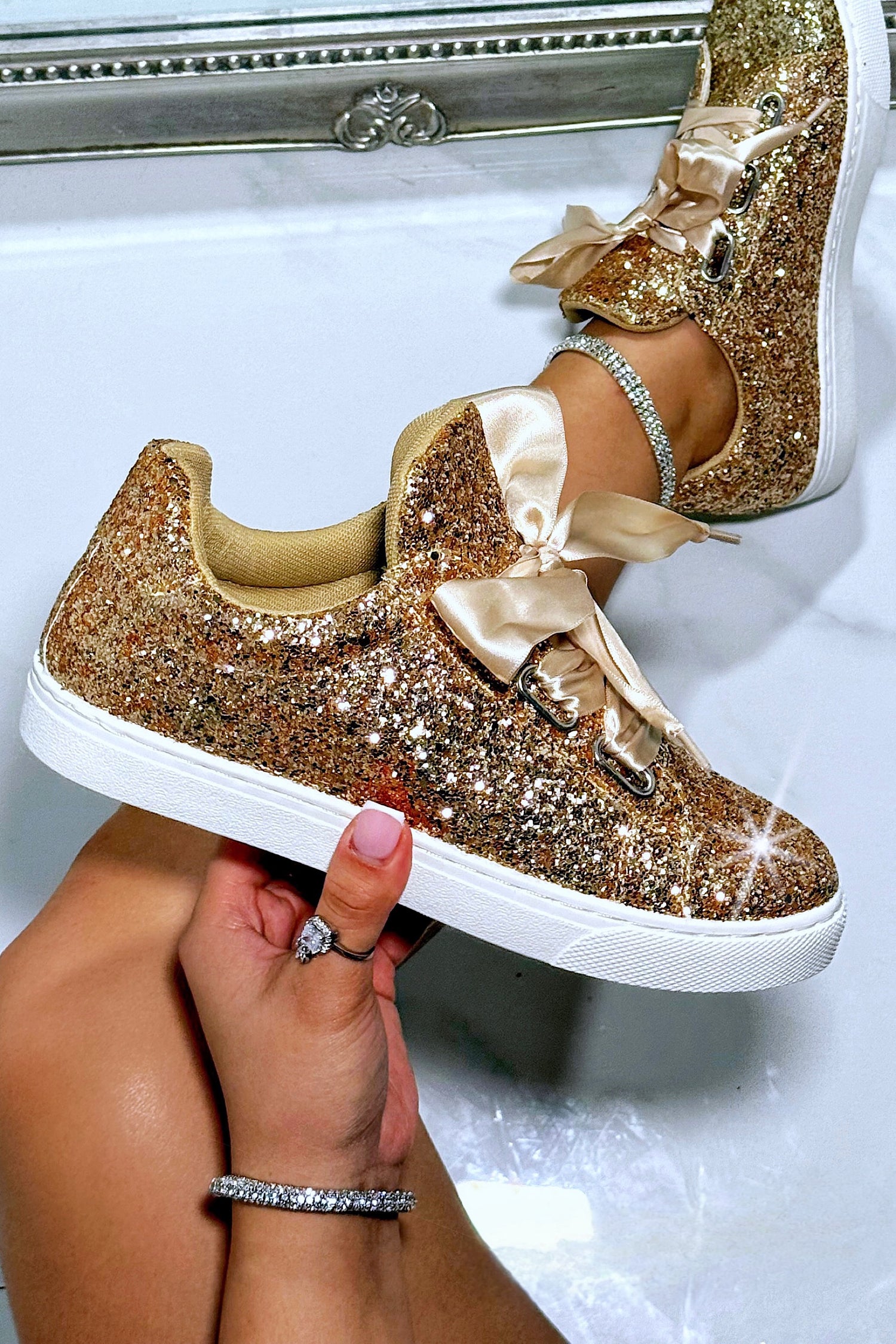 Sparkly Glitter Ribbon Lace Trainers Gold