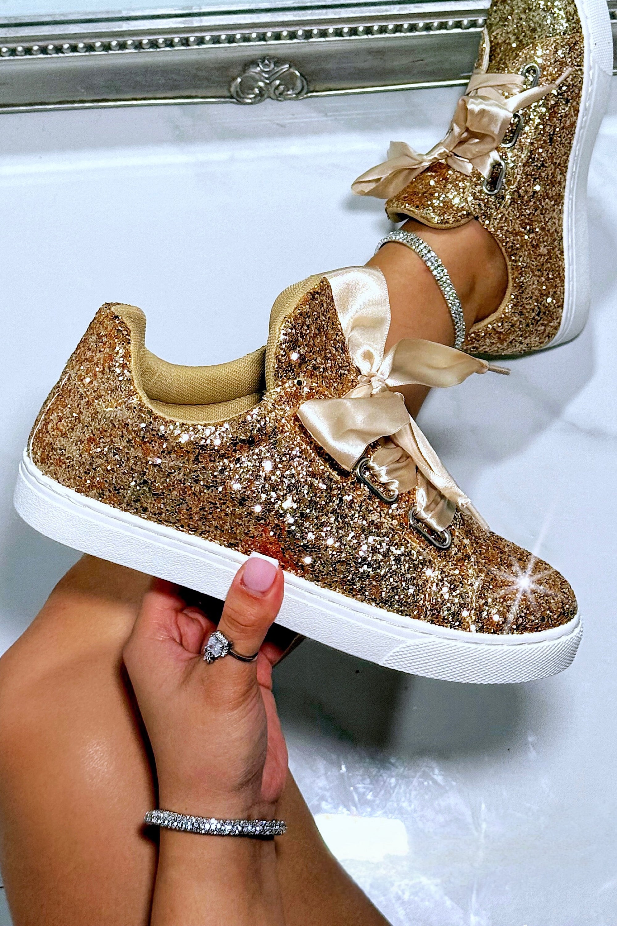 Sparkly Glitter Ribbon Lace Trainers Gold