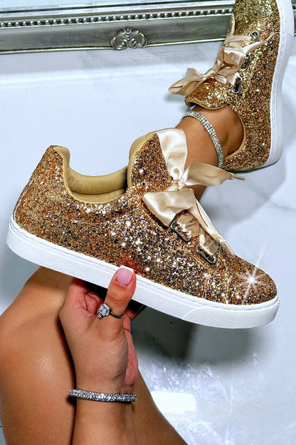 Sparkly Glitter Ribbon Lace Trainers Gold