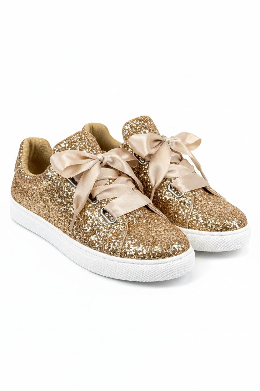 Sparkly Glitter Ribbon Lace Trainers Gold