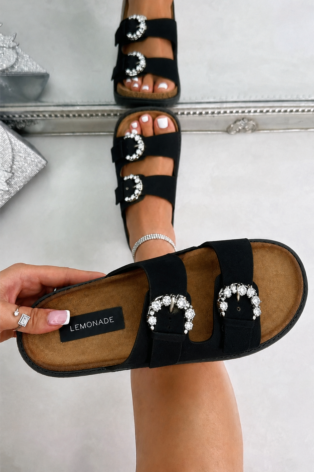 Sparkly Mila Double Buckle Chunky Platform Sliders Black