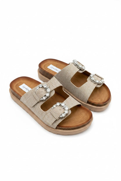 Sparkly Mila Double Buckle Chunky Platform Sliders Nude