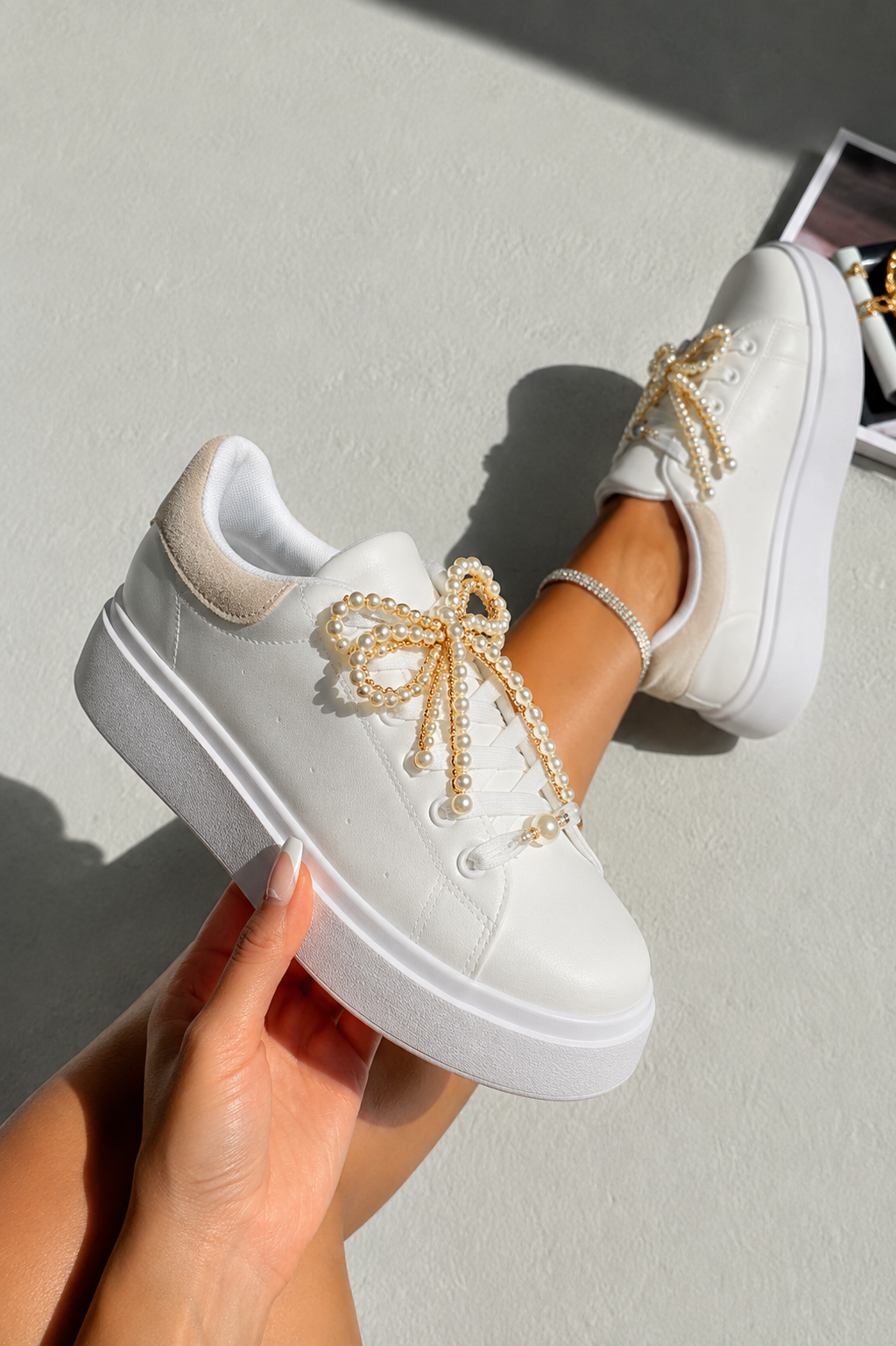 Sparkly Pearl Bow Chunky Trainers Nude