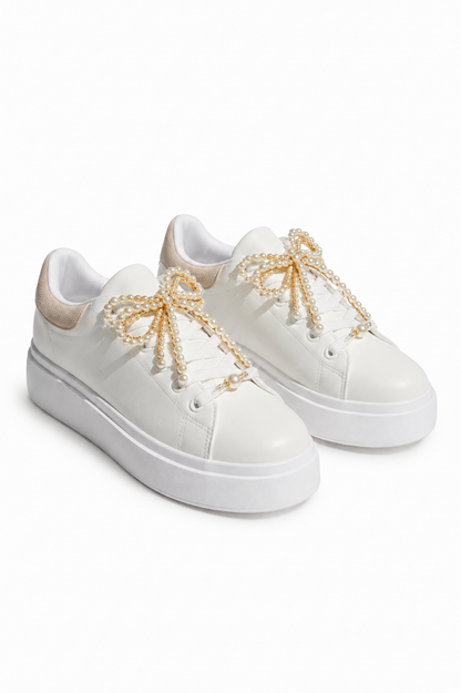 Sparkly Pearl Bow Chunky Trainers Nude