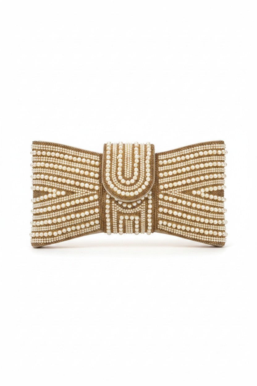 Sparkly Pearl Bow Clutch Bag Gold